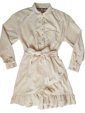 Pilcro Anthropologie Cream Corduroy Shirt Dress with Ruffled Hem Size XS